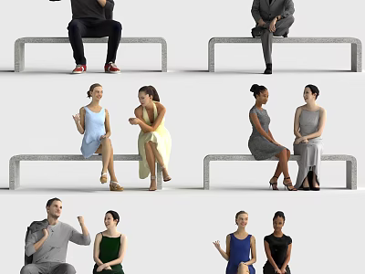 Group of People Sitting on Benches Chatting and Interacting in Public Area 3d model