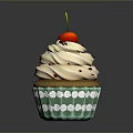 Freshly Baked Cupcake With White Cream Cherry Topping And Green Cloud Paper Cup