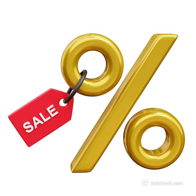 Decorative Ornament Set with Gold Percentage Symbol and Red Sale Tag 3d model 