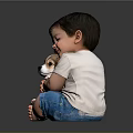 Little Boy Hugging Puppy Sitting On Black Floor Wearing White T-shirt And Blue Shorts