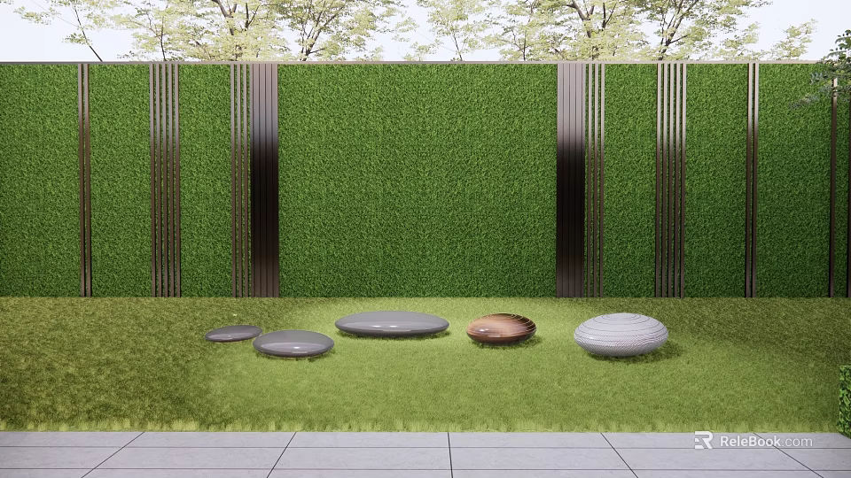 Modern Round Outdoor Chairs On Green Grass Lawn With Hedge Wall And Stone Stepping Stones 3d model 