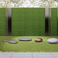 Modern Round Outdoor Chairs On Green Grass Lawn With Hedge Wall And Stone Stepping Stones