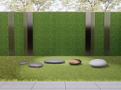 Modern Round Outdoor Chairs On Green Grass Lawn With Hedge Wall And Stone Stepping Stones 3d model