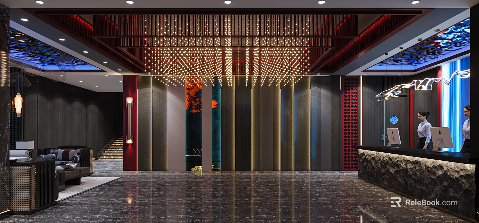 Modern Store Front Desk Design With Hanging Lights And Marble Reception Counter 3d model