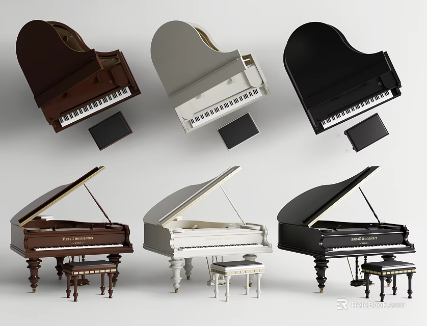 Grand Pianos In Brown White Black With Matching Stools For Music Instruments 3d model 