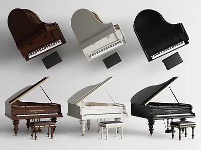 Grand Pianos In Brown White Black With Matching Stools For Music Instruments 3d model