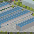 Industrial Steel Structure Warehouse Exterior With Multiple Buildings Parking Lot Cars And Green Lawn