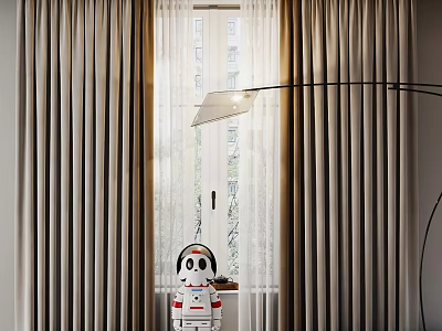 Light Beige Curtains Beside Window With Sheer Panels And Robot Vacuum Near Floor Lamp 3d model