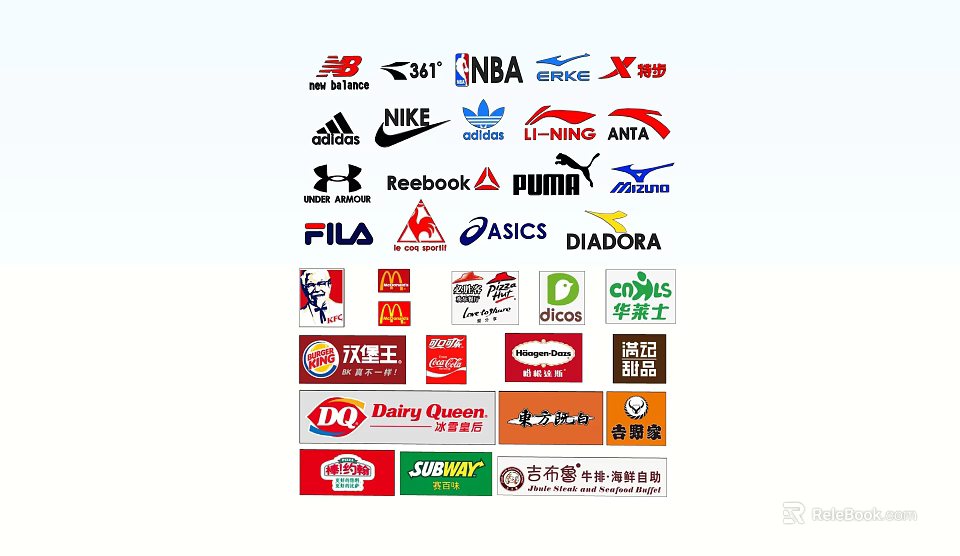 Collection of Various Brand Logos Including Sports Fast Food and Lifestyle Brands 3d model 