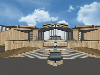 Modern Hotel Building With Wooden Exterior And Glass Curtain Walls Front Steps And Central Fountain 3d model