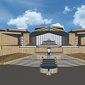 Modern Hotel Building With Wooden Exterior And Glass Curtain Walls Front Steps And Central Fountain