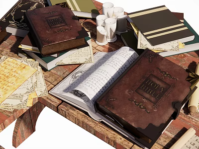 Vintage Leather Bound Books With Open Ancient Pages And Stacked Old Titles 3d model