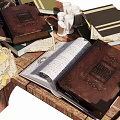 Vintage Leather Bound Books With Open Ancient Pages And Stacked Old Titles