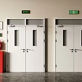 White Double Doors In Indoor Setting With Exit Signs Fire Extinguishers And Hydrant Cabinet