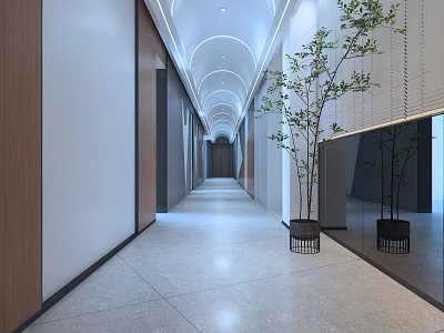 Modern Front Desk Reception Area With Wooden Walls Marble Floor Green Plants And Mirror Walls 3d model