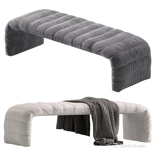 Modern Velvet Ottoman Footstool with Light Gray Design and Cozy Blanket 3d model 