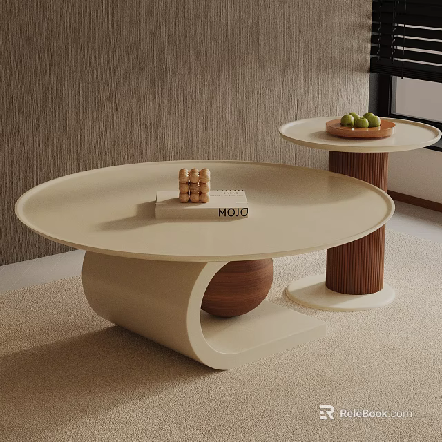 Round Coffee Table with Beige Surface Unique Base and Side Table Wooden Bowl Green Fruits 3d model 