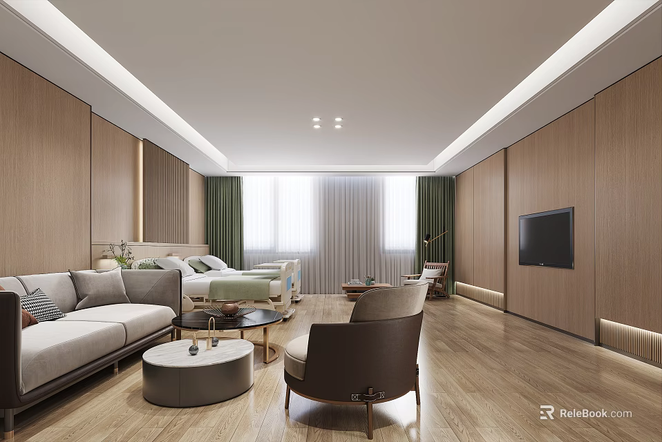 Hospital Outpatient Clinic Waiting Area With Sofa Chairs Coffee Table TV Wooden Walls And Windows 3d model 
