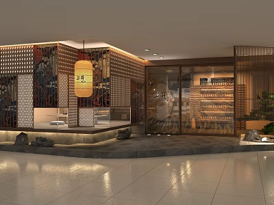 Japanese Style Restaurant Entrance With Traditional Lantern Wooden Screens And Decorative Wall Panels 3d model
