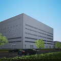 Modern White Multi storey Industrial Factory Building With Large Windows Trees And Vehicles Around