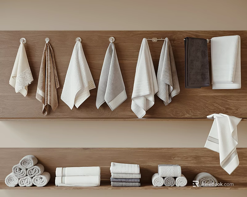 Soft Absorbent Cotton Towels Hanging on Wooden Rack and Stacked in Bathroom with Neutral Tones 3d model 