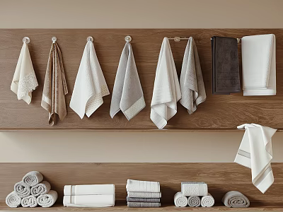 Soft Absorbent Cotton Towels Hanging on Wooden Rack and Stacked in Bathroom with Neutral Tones 3d model