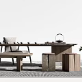 Natural Wooden Tea Table and Chairs with Stools and Green Plants in Zen Setting
