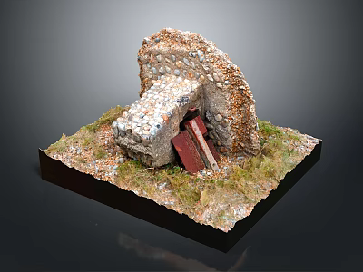 Miniature Stone Structure Model With Grass Base And Red Door Entrance 3d model