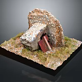 Miniature Stone Structure Model With Grass Base And Red Door Entrance 3d model