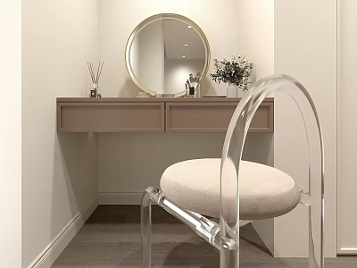 Dressing Table With Golden Round Mirror Two Drawers Aromatherapy Sticks And Transparent Chair 3d model