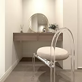 Dressing Table With Golden Round Mirror Two Drawers Aromatherapy Sticks And Transparent Chair