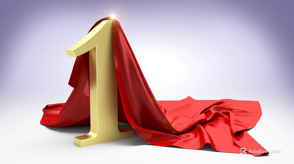 Golden Number One Covered With Red Cloth And Shining Light Effect 3d model 