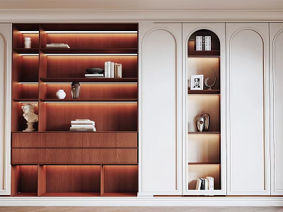 Modern Bookcase Interior With Illuminated Shelves Wooden White Finish And Decorative Items 3d model