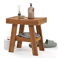 Wooden Stool With Wash Bottle Brush Towels Toilet Paper Rolls And Slippers For Daily Washing