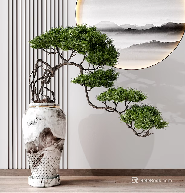 Pine Bonsai Plant in Ceramic Pot with Mountain Landscape Design and Modern Circular Wall Art 3d model 