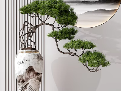 Pine Bonsai Plant in Ceramic Pot with Mountain Landscape Design and Modern Circular Wall Art 3d model