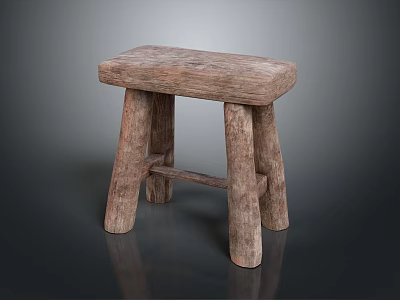 Rustic Wooden Stool With Natural Wood Texture Square Seat And Thick Legs 3d model