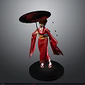 Traditional Red Kimono Costume With Doll Figure And Red Umbrella Cherry Blossom Petals