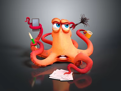 Orange Octopus with Blue Eyes Holding Green Pencil Phone Black Brush Yellow Cup and Paper 3d model