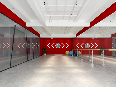 Modern Fitness Studio With Red Walls Mirrors Balance Beam And Exercise Balls 3d model