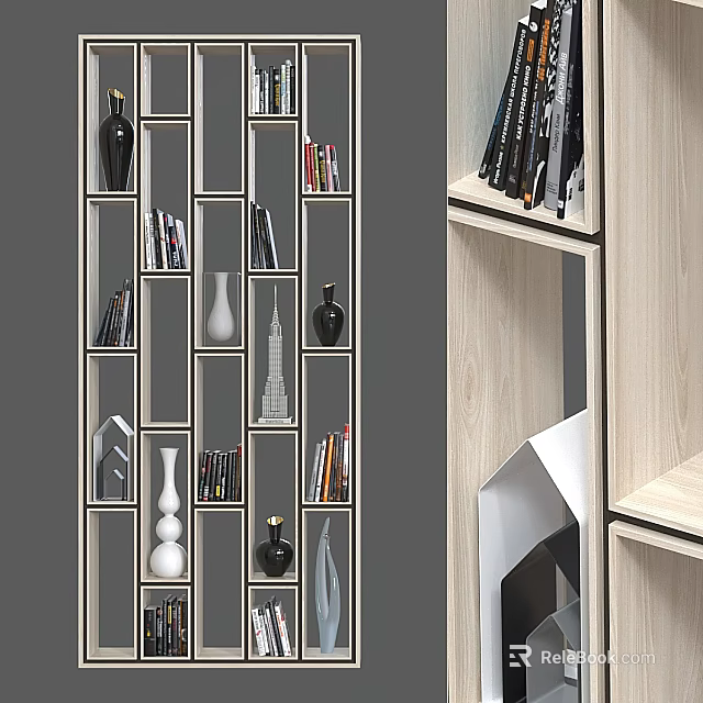 Modern Bookcase Design With Geometric Frame Books Decorative Vases And Art Ornaments 3d model 