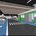 Indoor Parking Lot With Green Walls Blue Black Flooring White Lines Crosswalk And Parked Cars