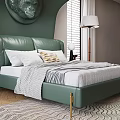 Modern Double Bed with Green Leather Headboard Unique Design Circular Ornament Bedside Tables and Lamps