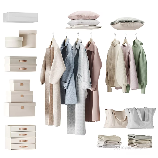 Stylish Soft Neutral Tones Clothing Collection With Hangers Storage Boxes Drawers And Bags 3d model 
