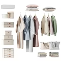 Stylish Soft Neutral Tones Clothing Collection With Hangers Storage Boxes Drawers And Bags