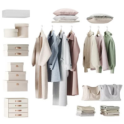 Stylish Soft Neutral Tones Clothing Collection With Hangers Storage Boxes Drawers And Bags 3d model