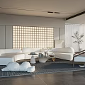 Modern Living Room Interior With White L shaped Sofa Wooden Chair And Grid Pattern Backdrop