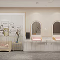 Warm Baby Care Room With Crib Changing Tables And Cartoon Art