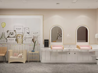 Warm Baby Care Room With Crib Changing Tables And Cartoon Art 3d model