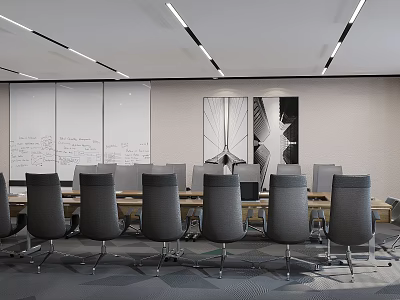 Modern Conference Room Interior Design With Long Wooden Table Gray Chairs And Whiteboards 3d model